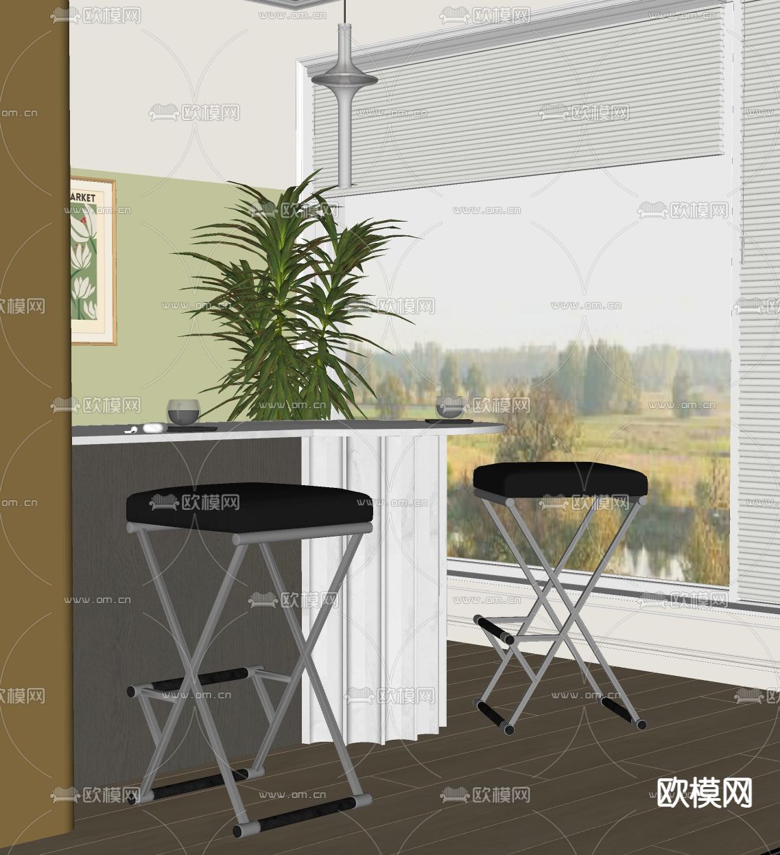 现代吧台 吧凳su模型下载（渲染图1）