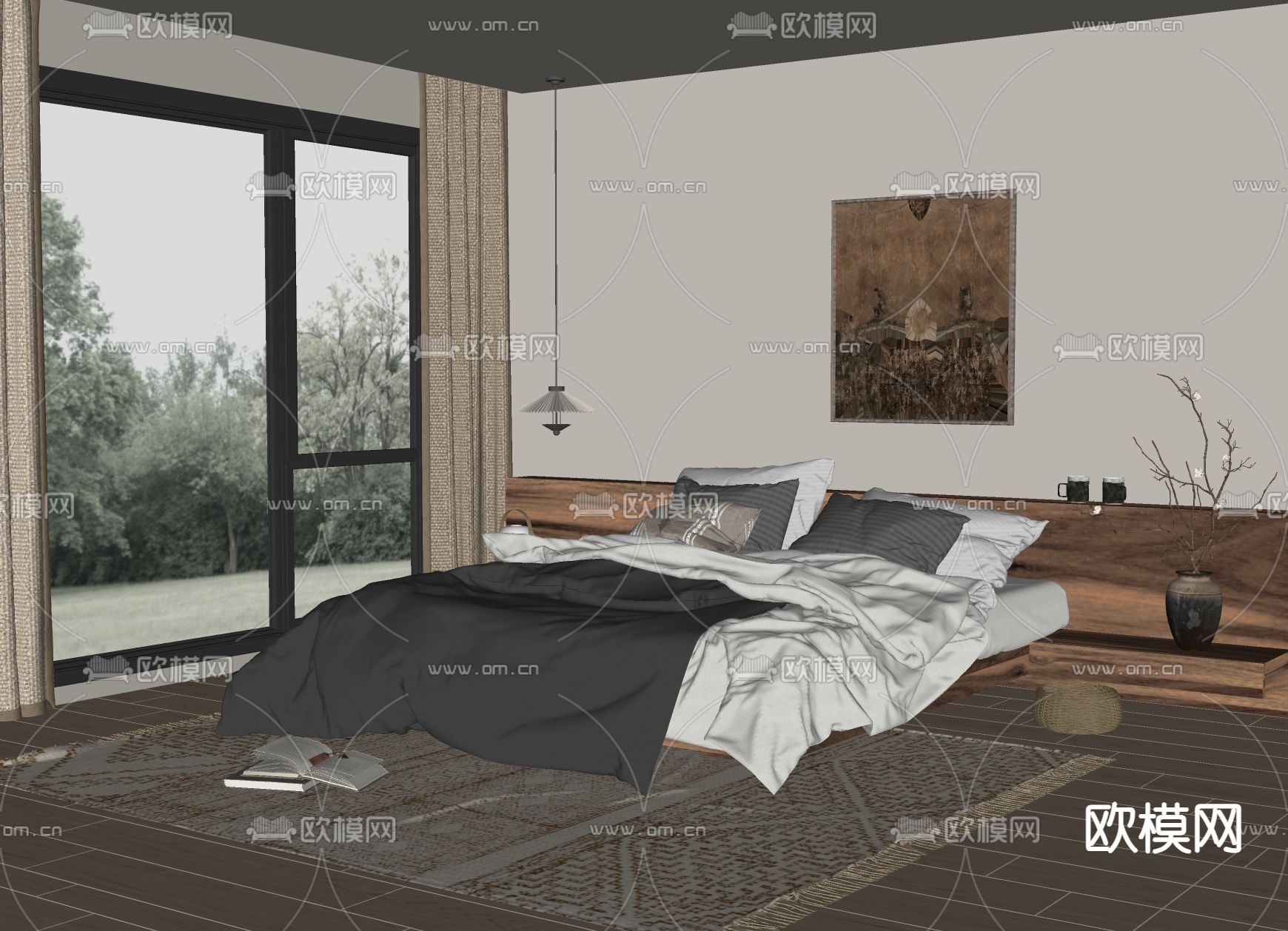 侘寂双人床su模型下载（渲染图1）