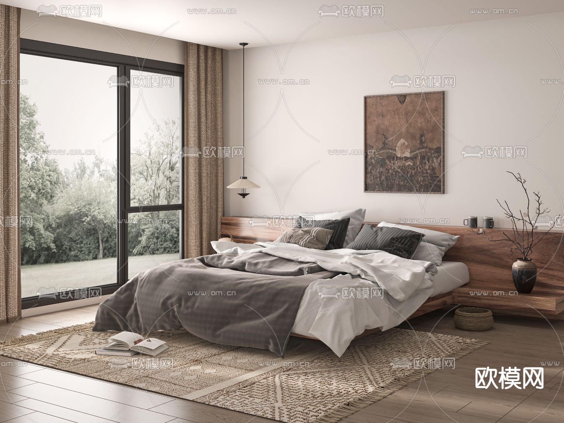 侘寂双人床su模型下载（渲染图2）