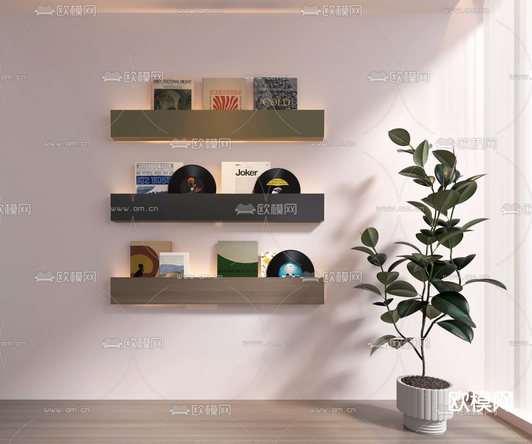 现代杂志 书籍 唱片 书架su模型下载（渲染图2）