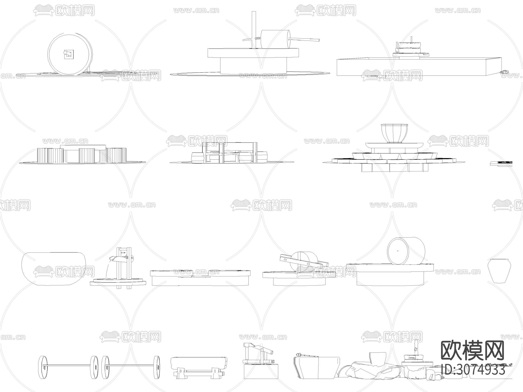 乡村石磨盘碾子民俗小品cad图库下载（渲染图3）