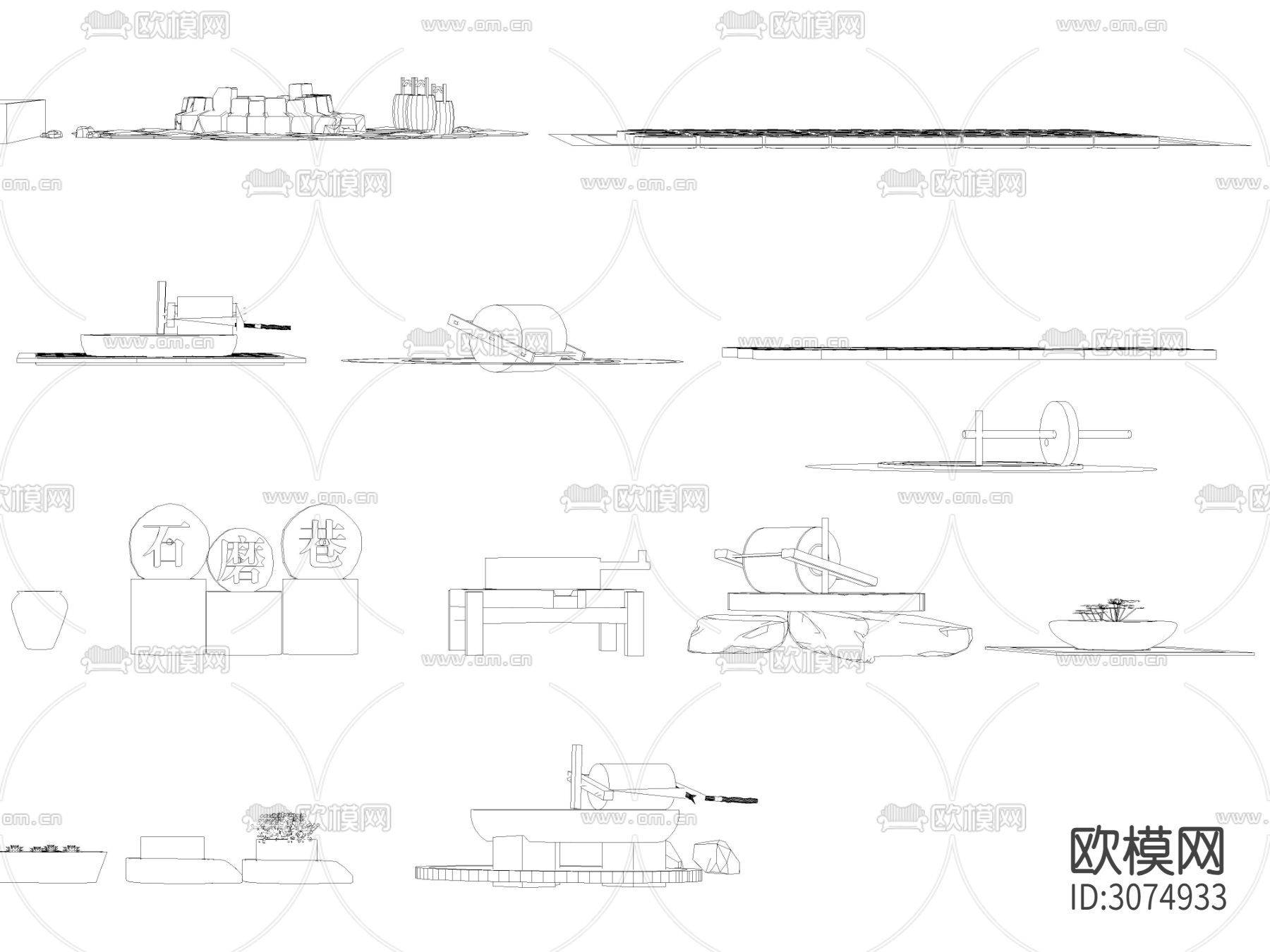 乡村石磨盘碾子民俗小品cad图库下载（渲染图7）