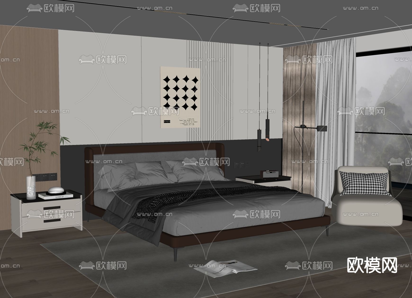 Minotti 双人床su模型下载（渲染图1）