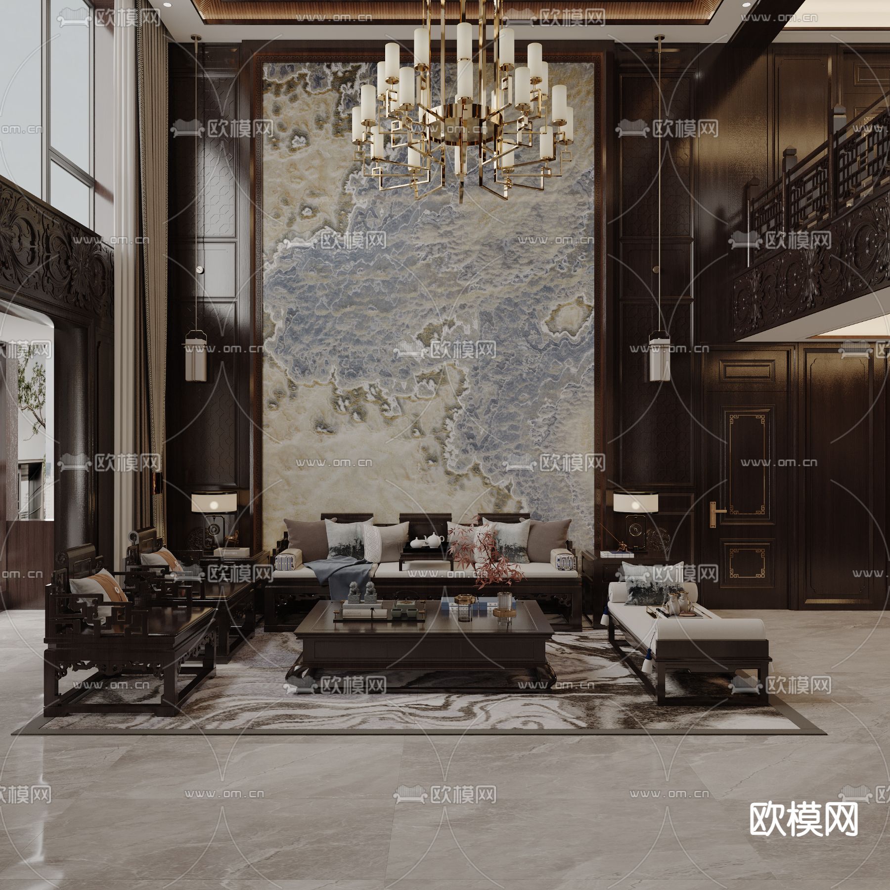 中式别墅客厅 别墅中空3d模型下载（渲染图1）