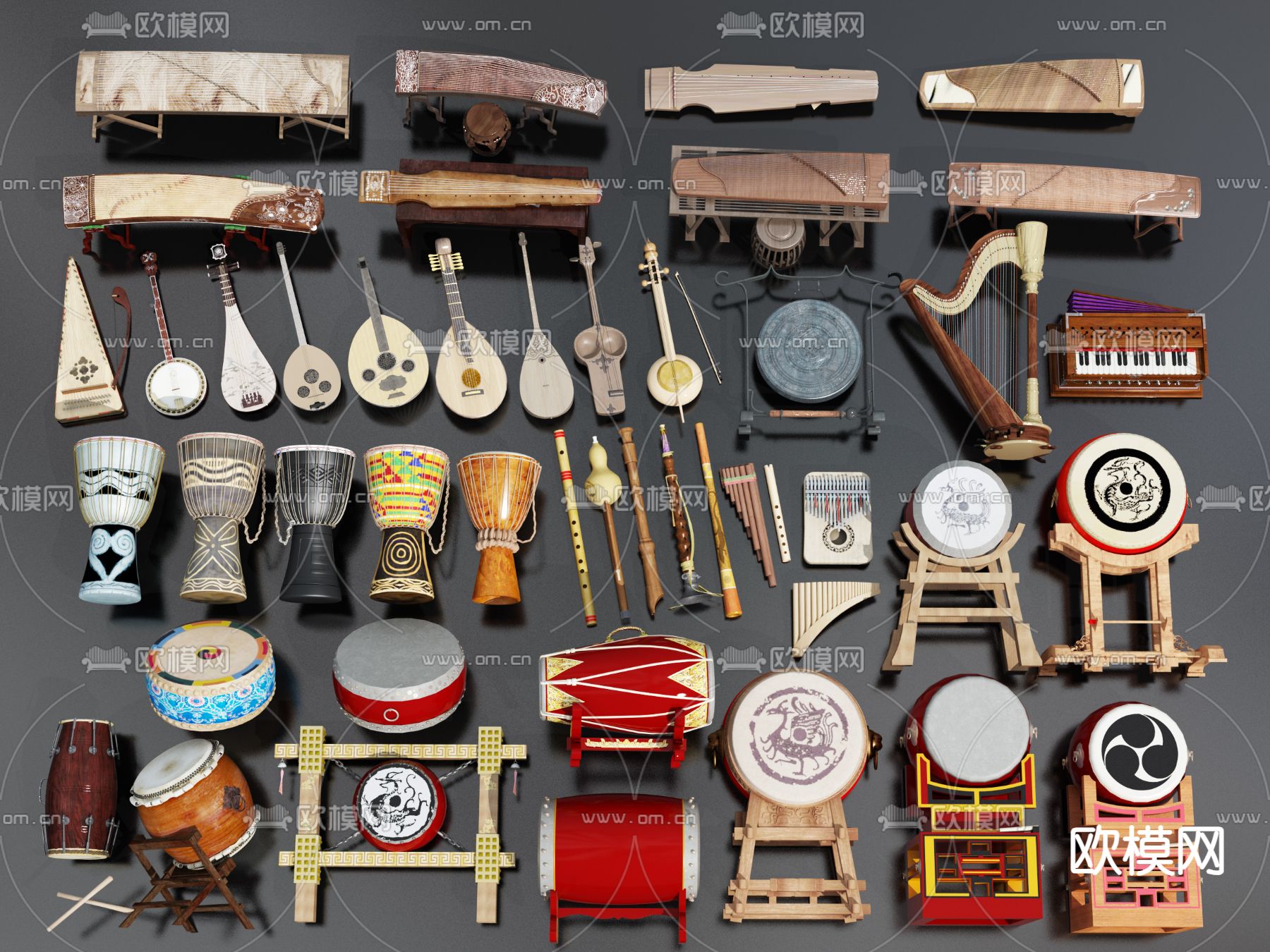 古典乐器 古筝 琵琶 手鼓擂鼓3d模型下载