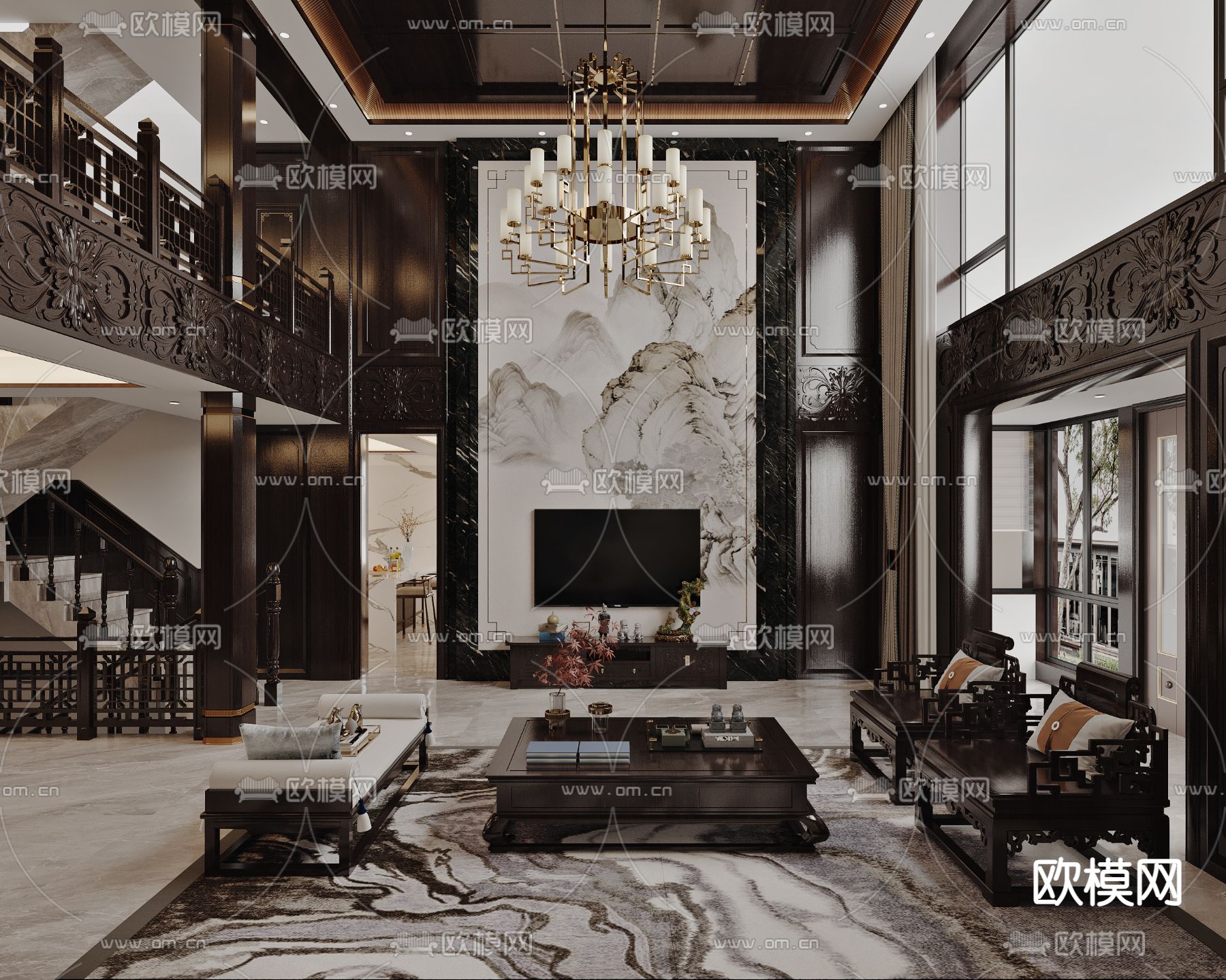 中式别墅客厅 别墅中空3d模型下载（渲染图2）