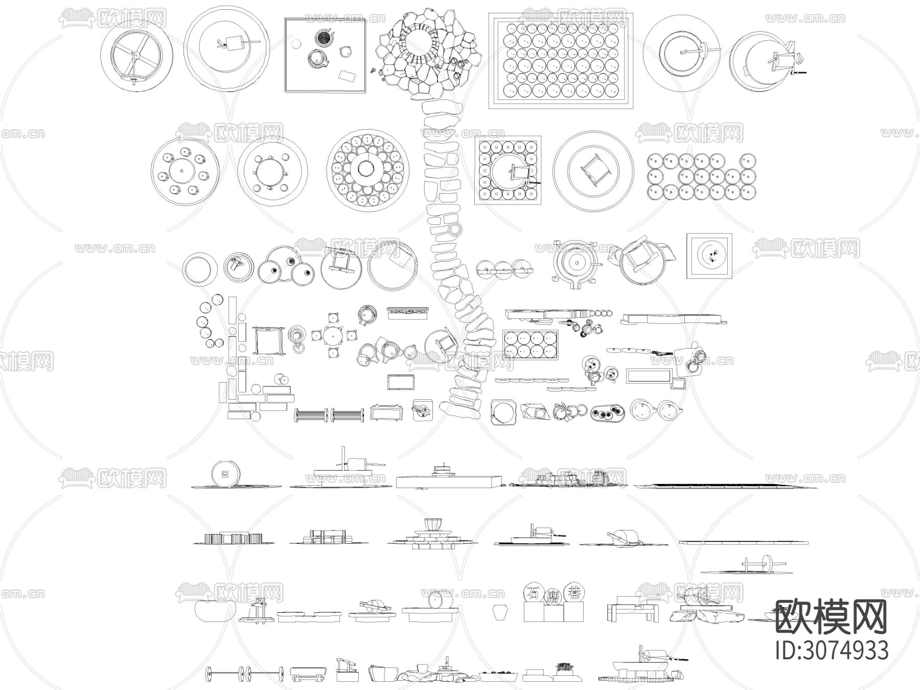 乡村石磨盘碾子民俗小品cad图库下载（渲染图2）