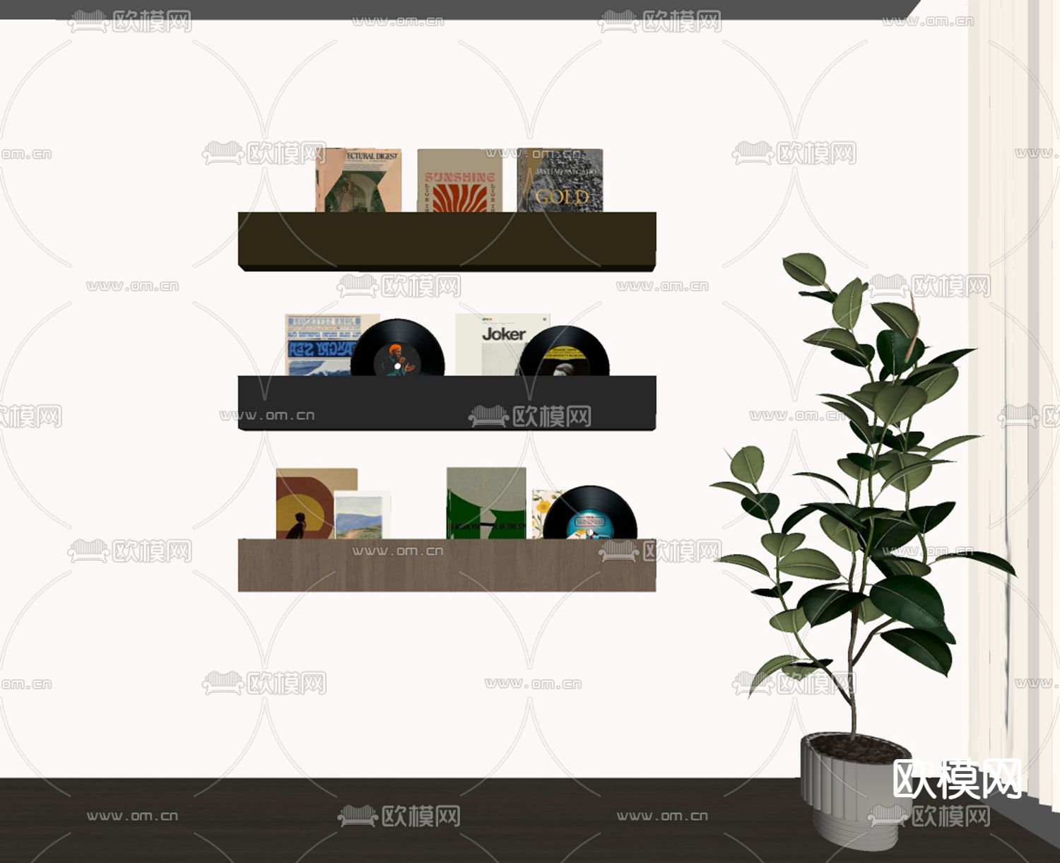 现代杂志 书籍 唱片 书架su模型下载（渲染图1）