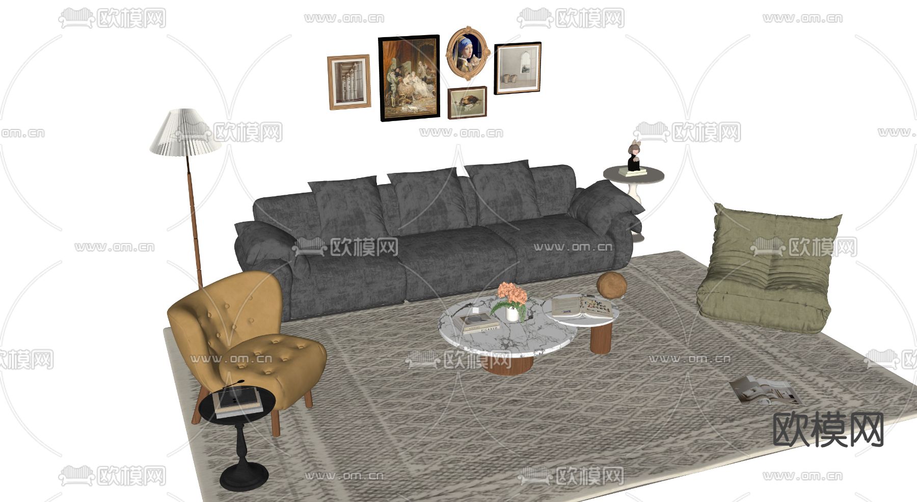 法式组合沙发su模型下载（渲染图1）