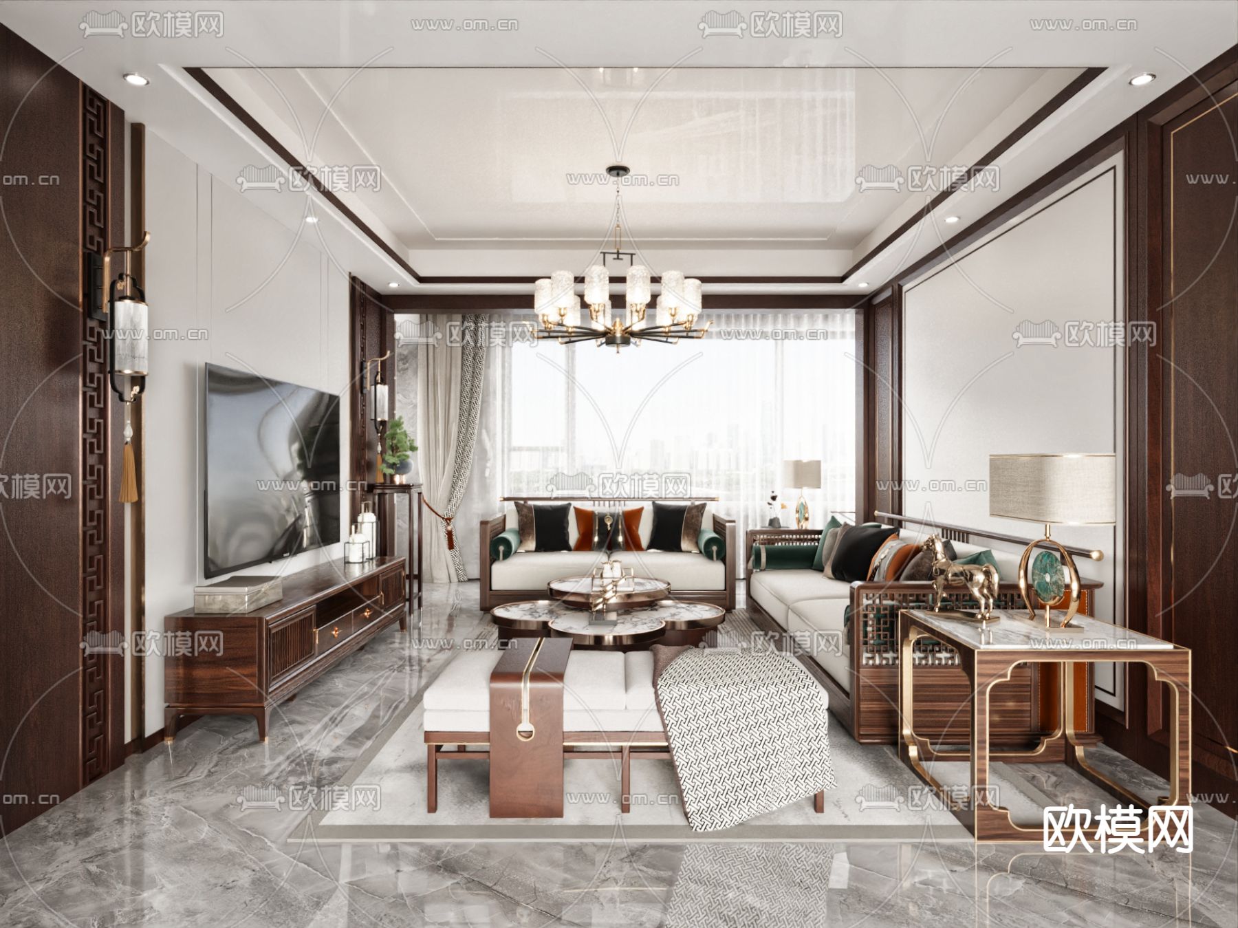 新中式客厅su模型下载（渲染图2）