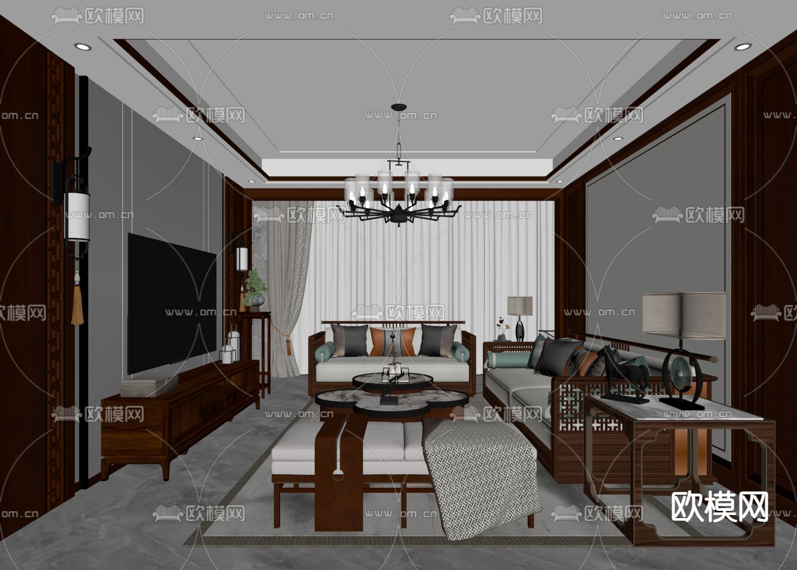新中式客厅su模型下载（渲染图1）