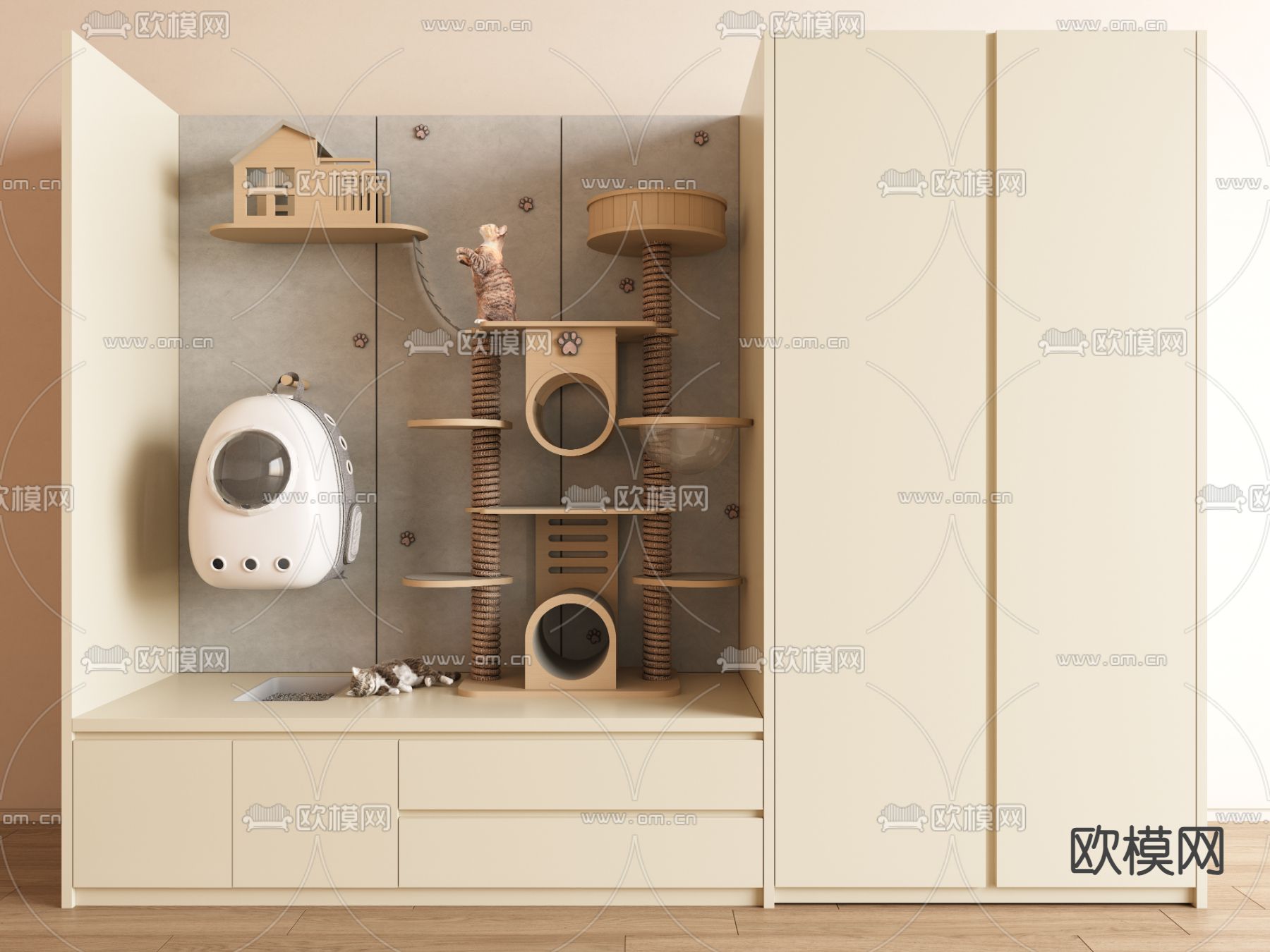猫爬架 猫窝 猫舍 喂食器su模型下载（渲染图2）