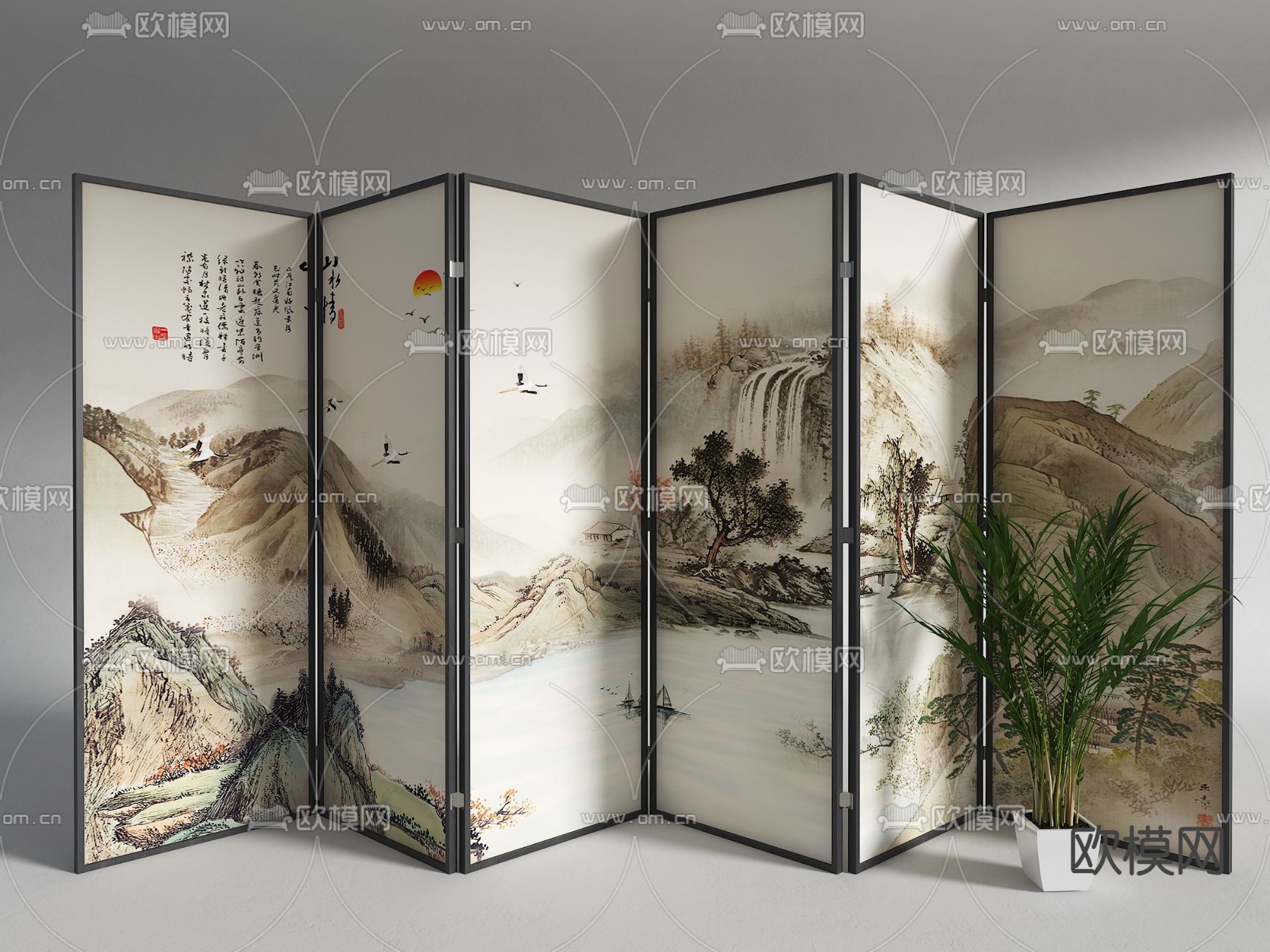 新中式屏风 山水画隔断3d模型下载