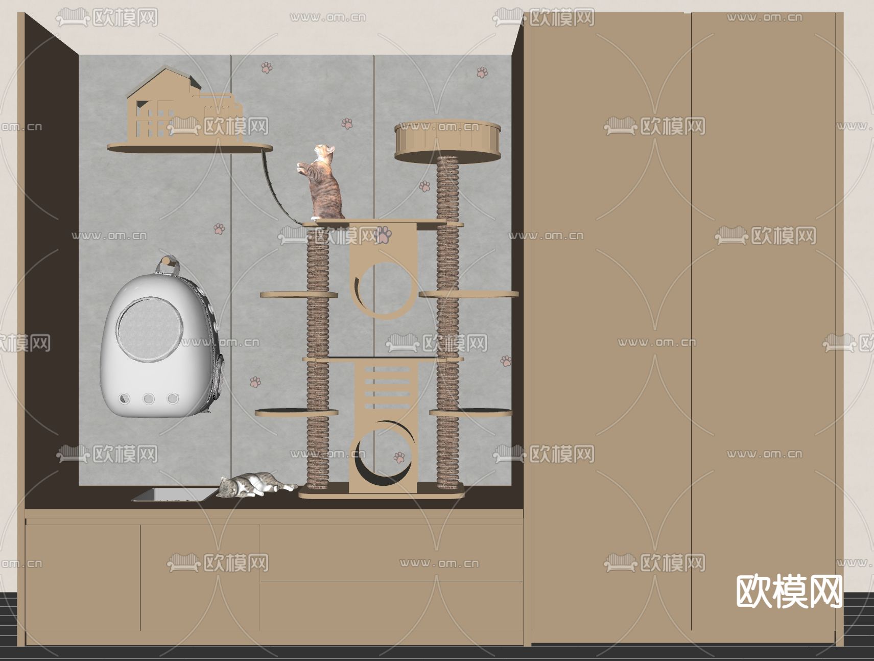 猫爬架 猫窝 猫舍 喂食器su模型下载（渲染图1）