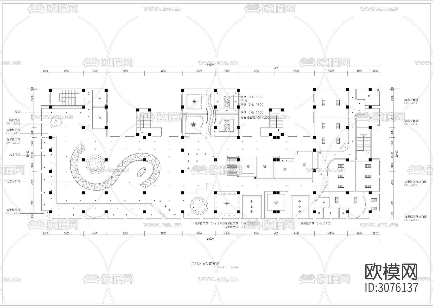 1850㎡餐厅cad平面图下载（渲染图2）
