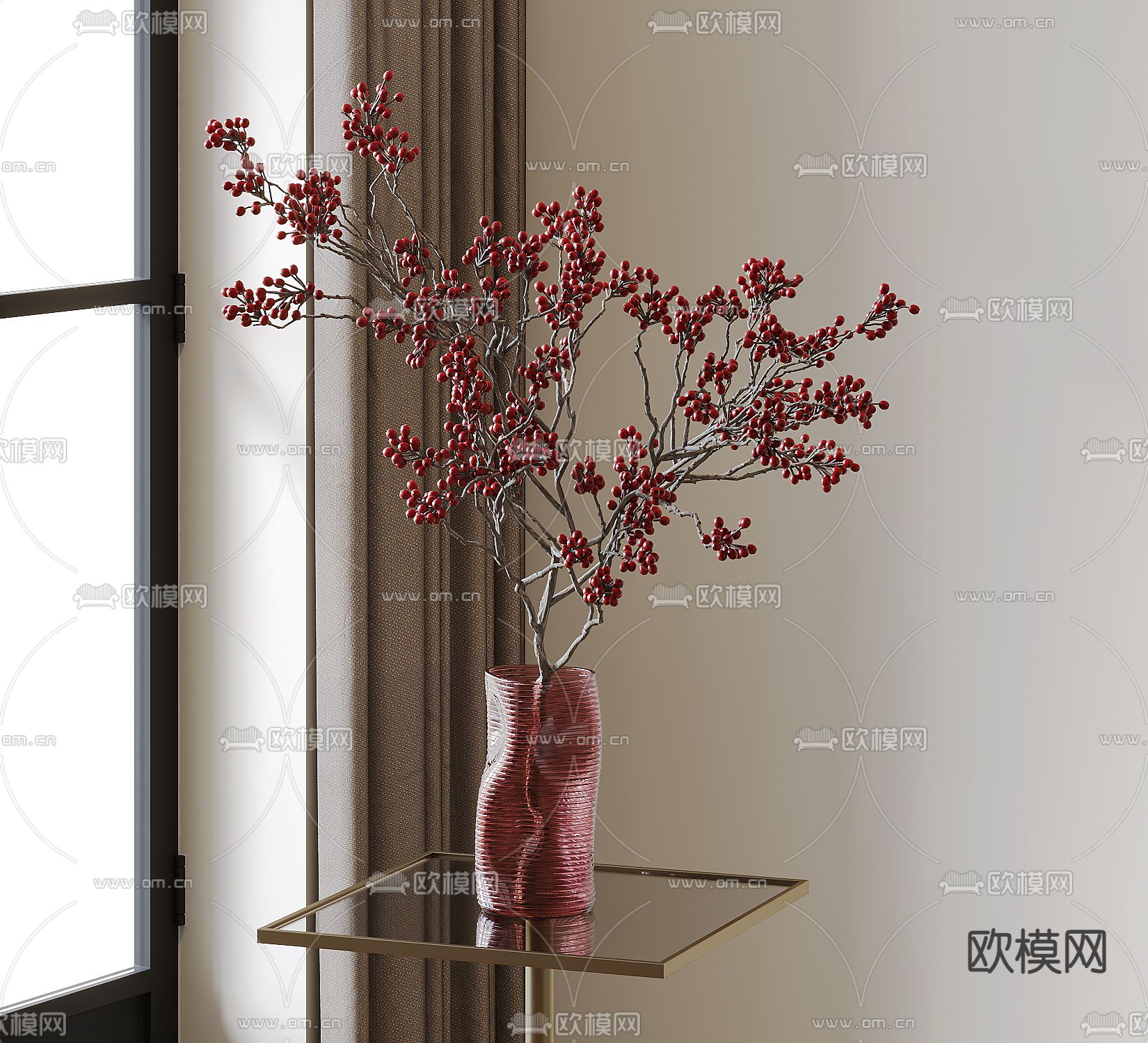 花瓶 花艺 冬青 插花3d模型下载