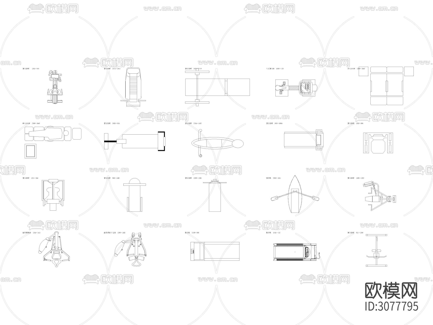 现代健身房 运动健身器材cad图库下载（渲染图1）