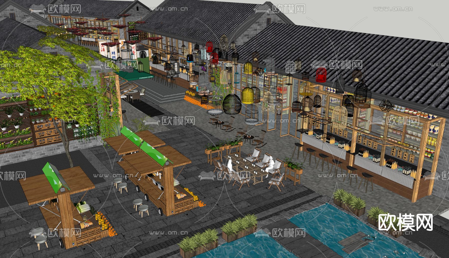 中式古镇商业街 水景观节点su模型下载（渲染图1）