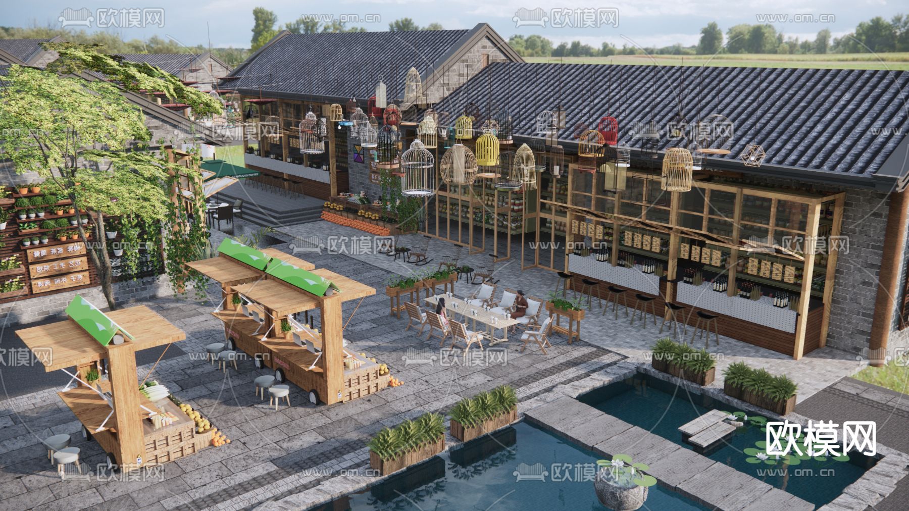 中式古镇商业街 水景观节点su模型下载（渲染图3）