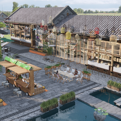  中式古镇商业街 水景观节点su模型 