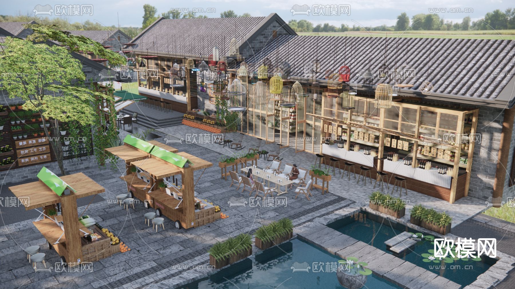 中式古镇商业街 水景观节点su模型下载（渲染图2）