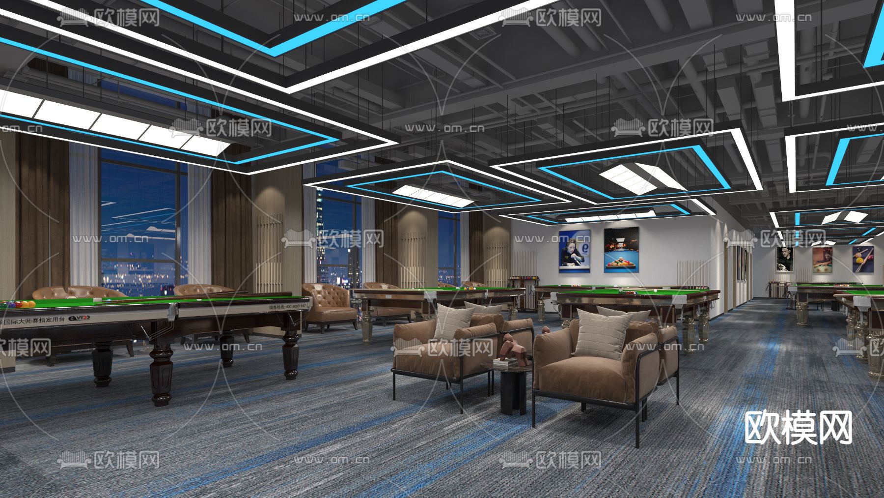 现代台球室 桌球馆3d模型下载（渲染图2）