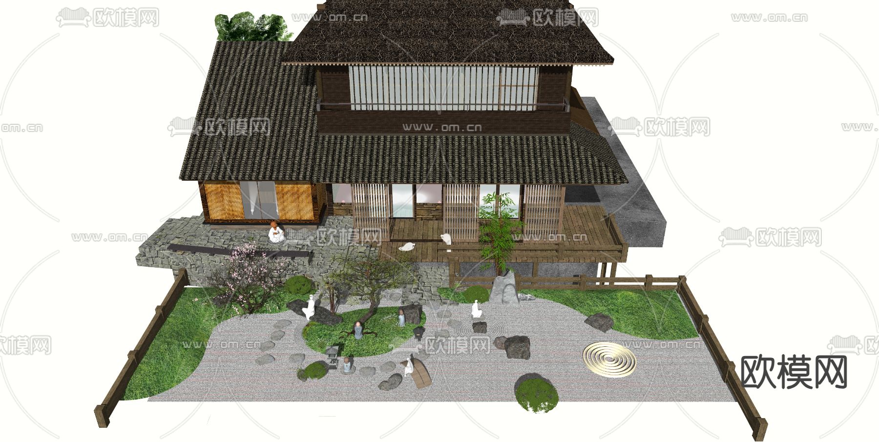 中式枯山水庭院su模型下载（渲染图2）