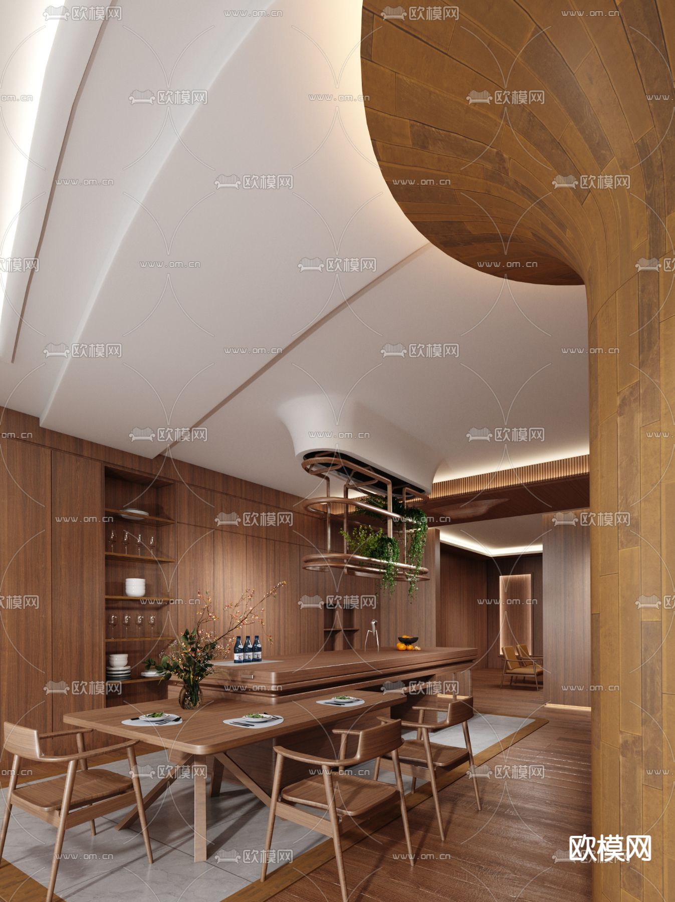 龙祉设计 原木风别墅餐厅su模型下载