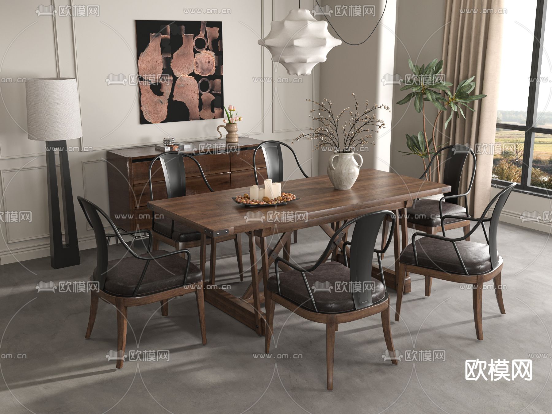 中古风餐桌椅 原木餐桌3d模型下载