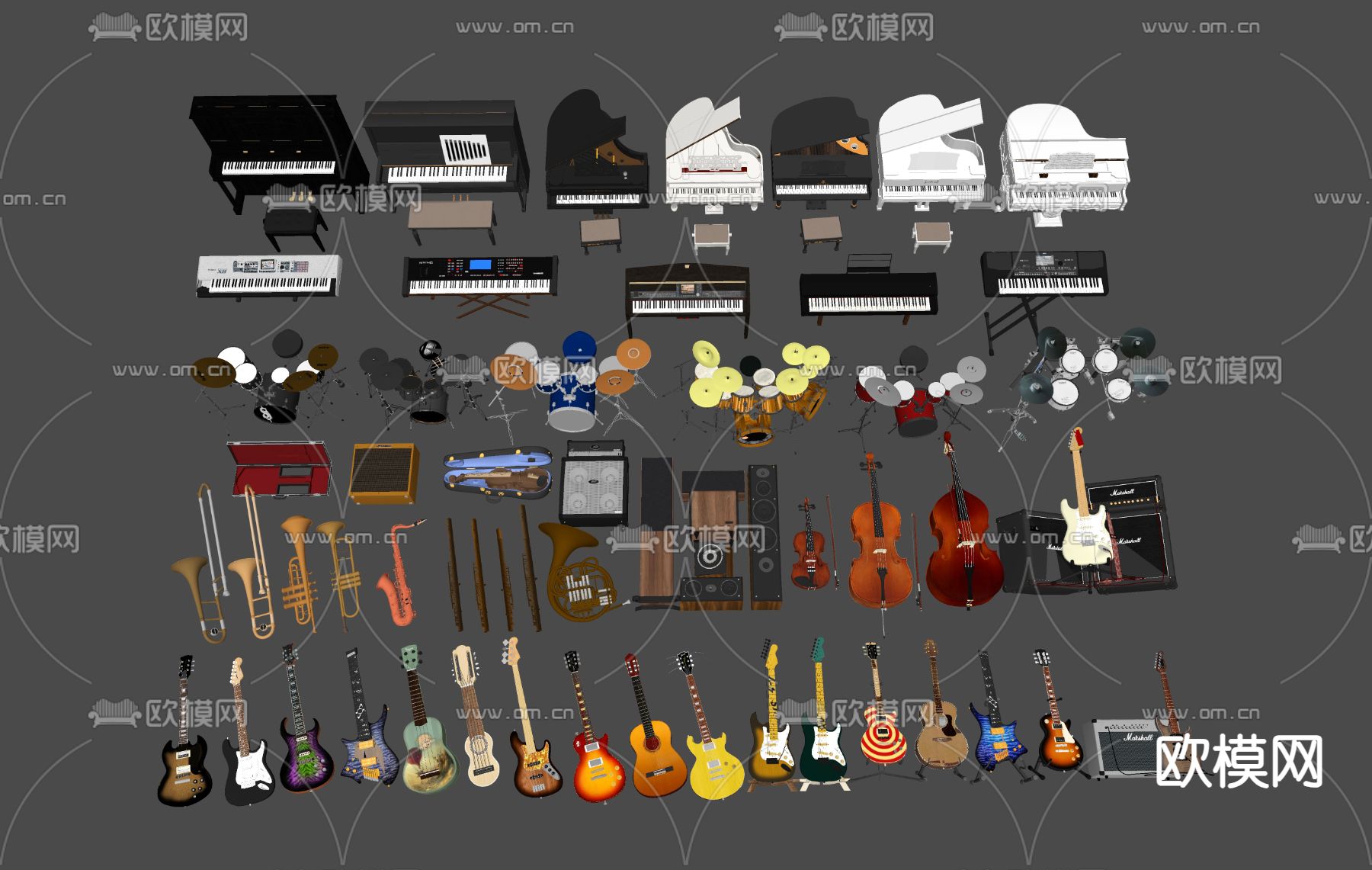 现代乐器 吉他钢琴 小提琴su模型下载（渲染图1）
