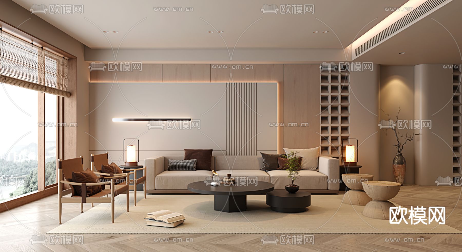 北欧客厅 电视背景3d模型下载（渲染图1）