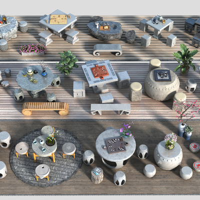  中式户外石桌椅su模型 