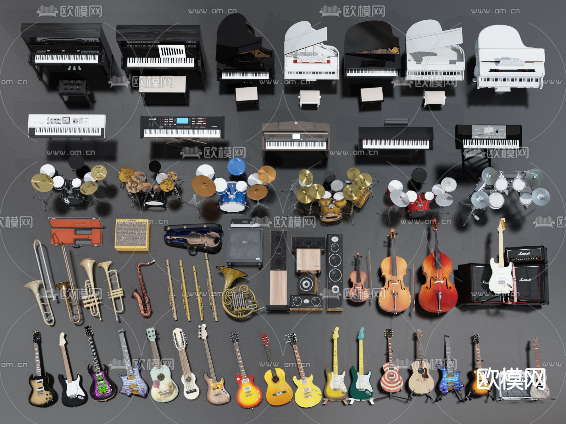 现代乐器 吉他钢琴 小提琴su模型下载（渲染图2）