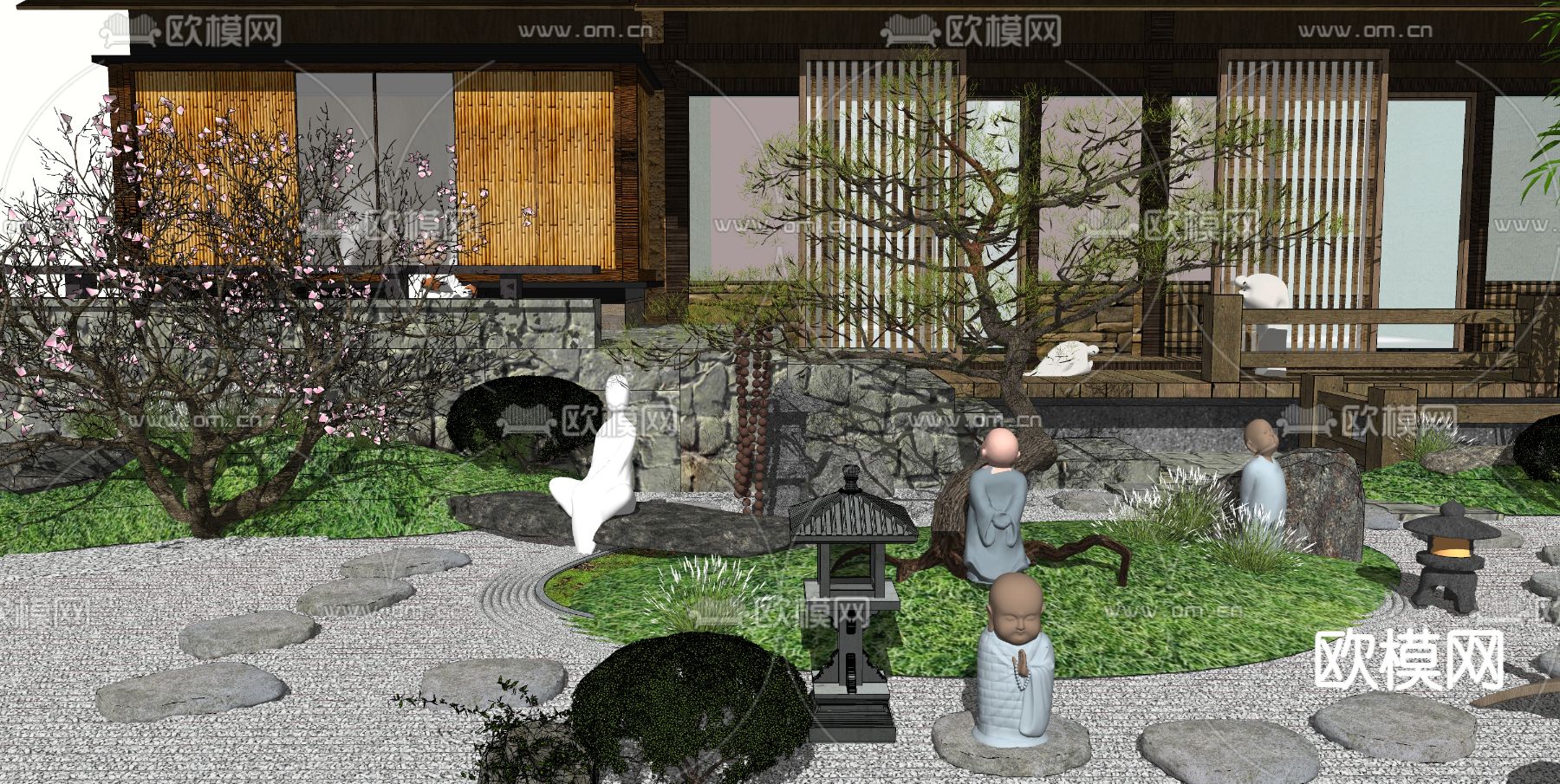 中式枯山水庭院su模型下载（渲染图1）