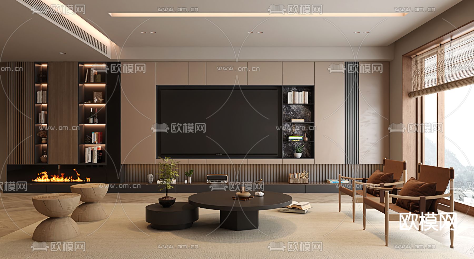 北欧客厅 电视背景3d模型下载（渲染图2）