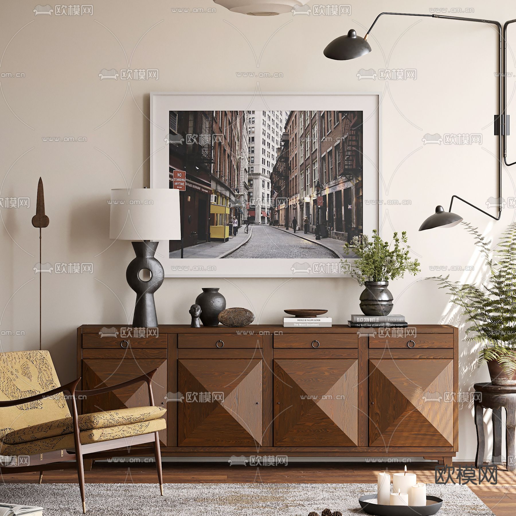 中古风端景柜 玄关柜 边柜3d模型下载（渲染图2）