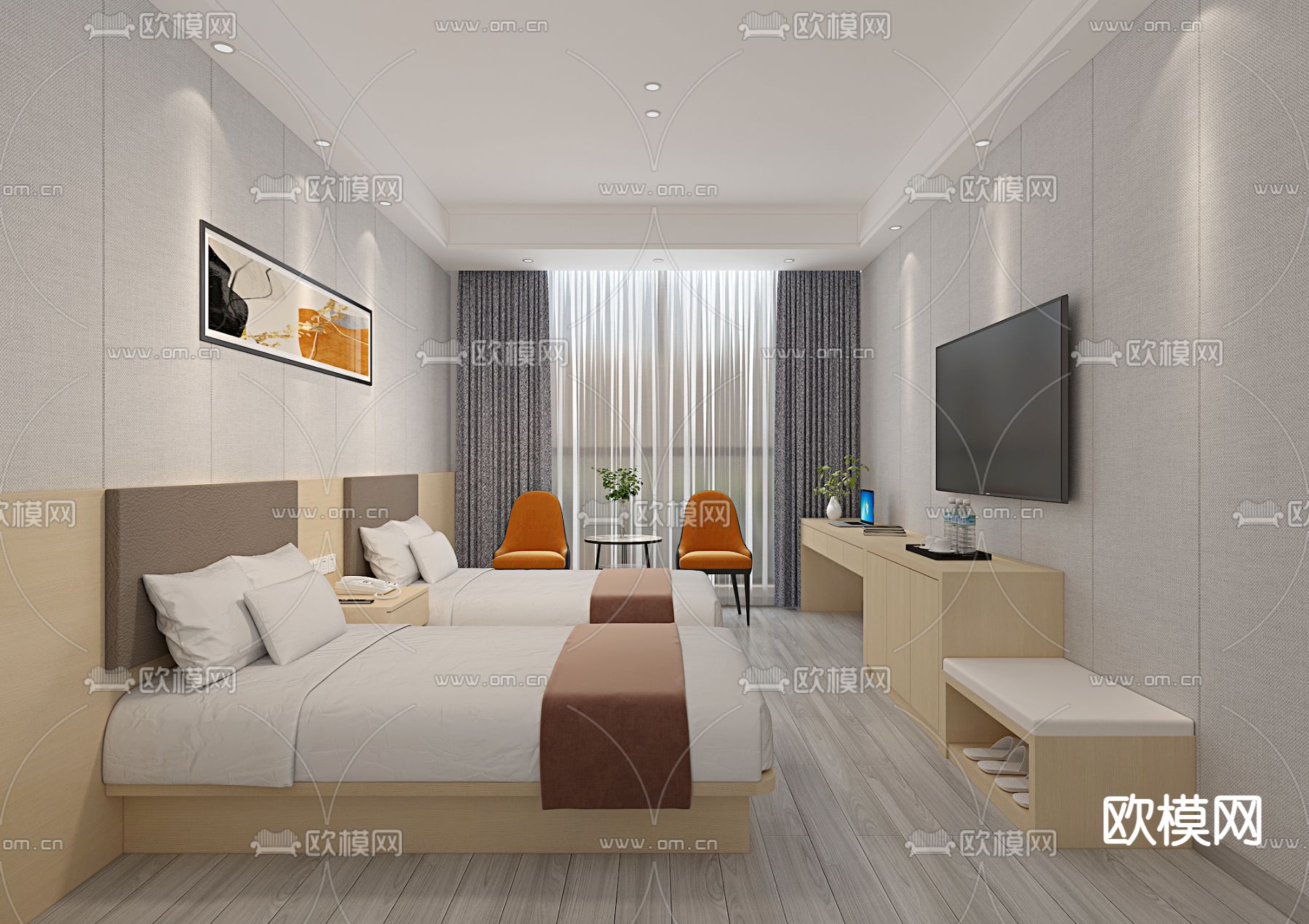 现代酒店客房 标准间 双人房免费3d模型下载