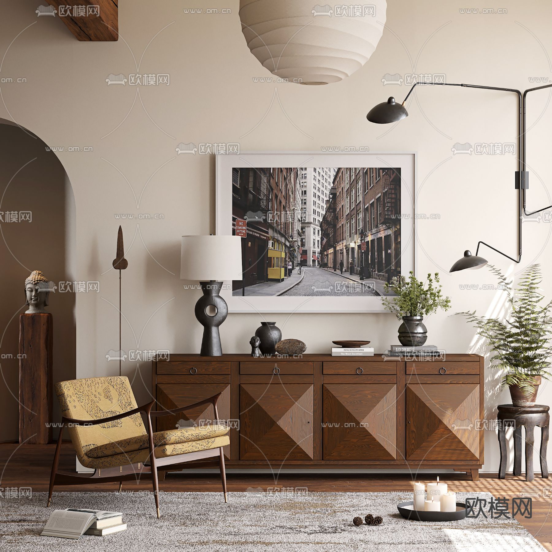 中古风端景柜 玄关柜 边柜3d模型下载（渲染图1）