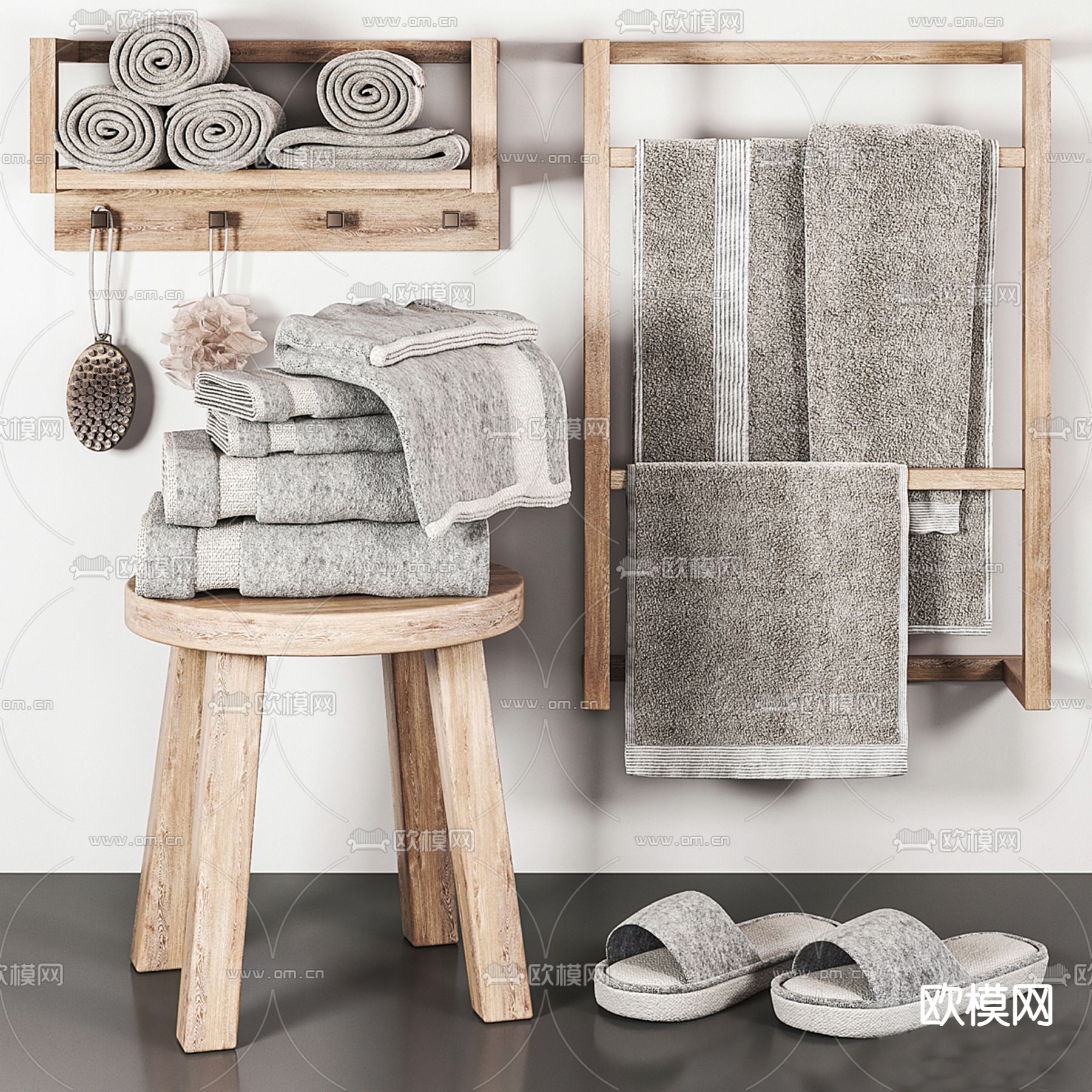 洗浴用品 毛巾 浴巾 拖鞋 毛巾架3d模型下载