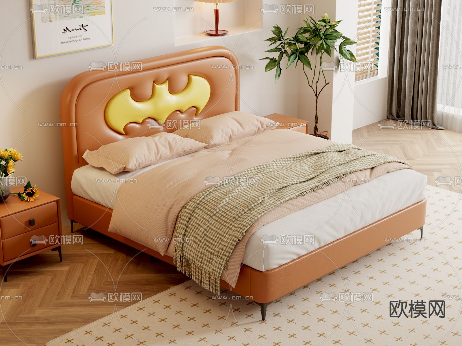 奶油风儿童床 双人床3d模型下载（渲染图1）