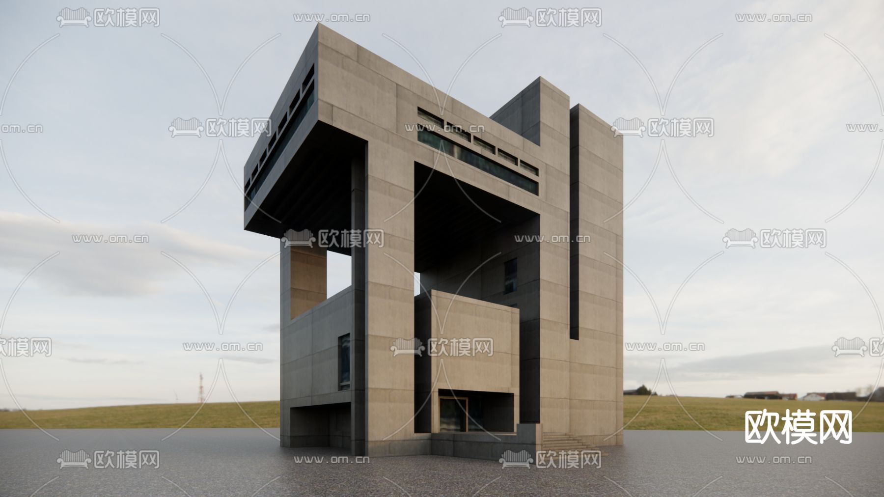 二层结构建筑外观su模型下载（渲染图1）