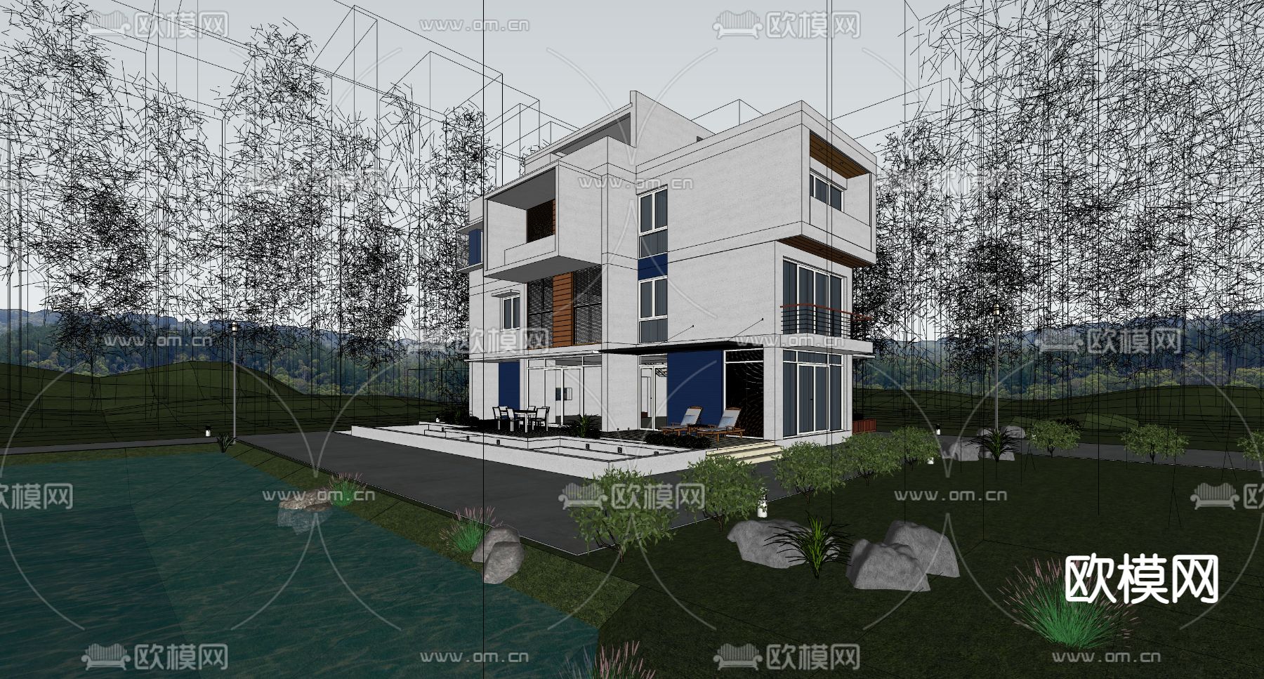 独栋别墅外观su模型下载（渲染图1）