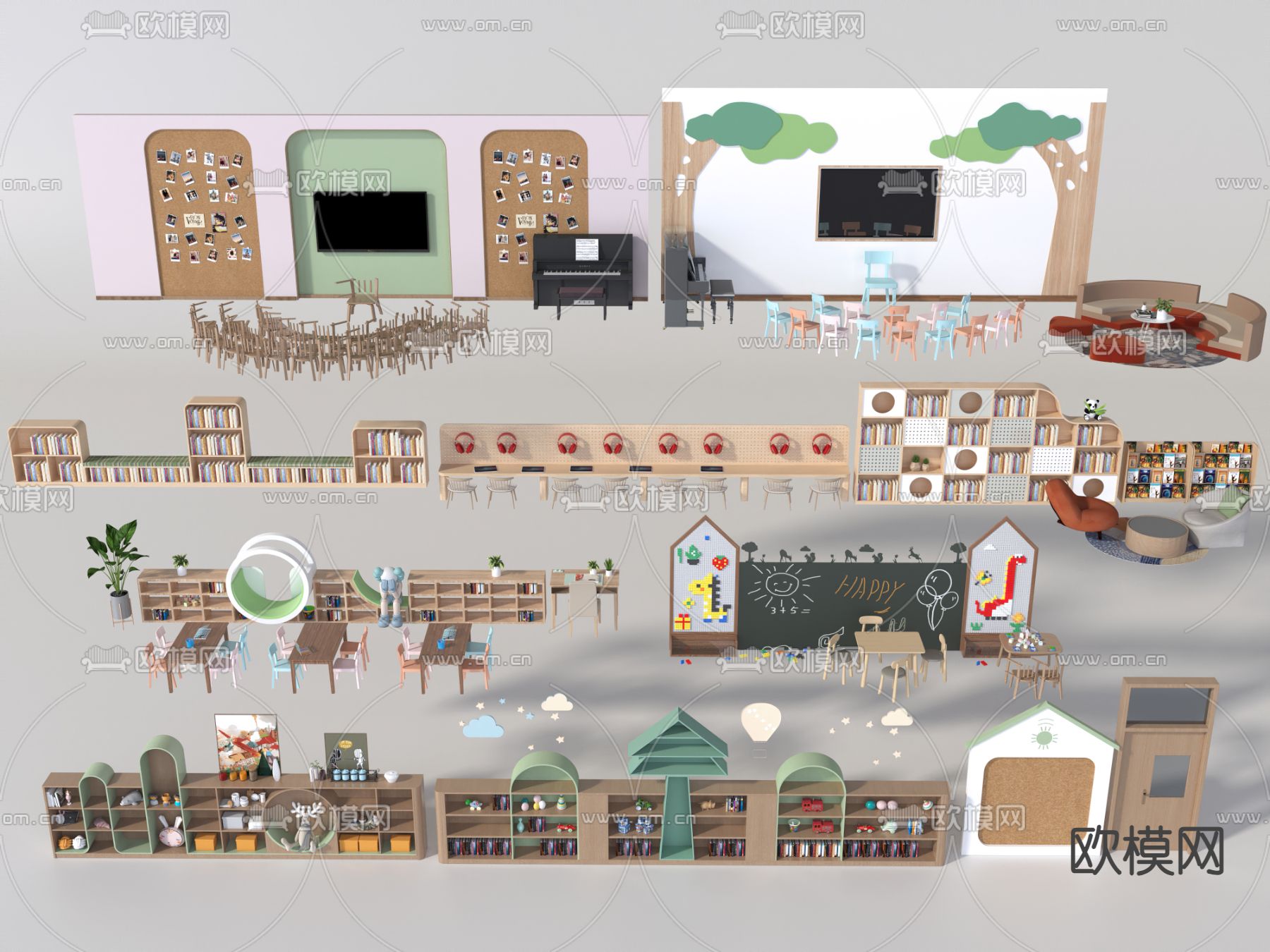 幼儿园课桌 儿童桌椅 电视墙 造型墙面3d模型下载