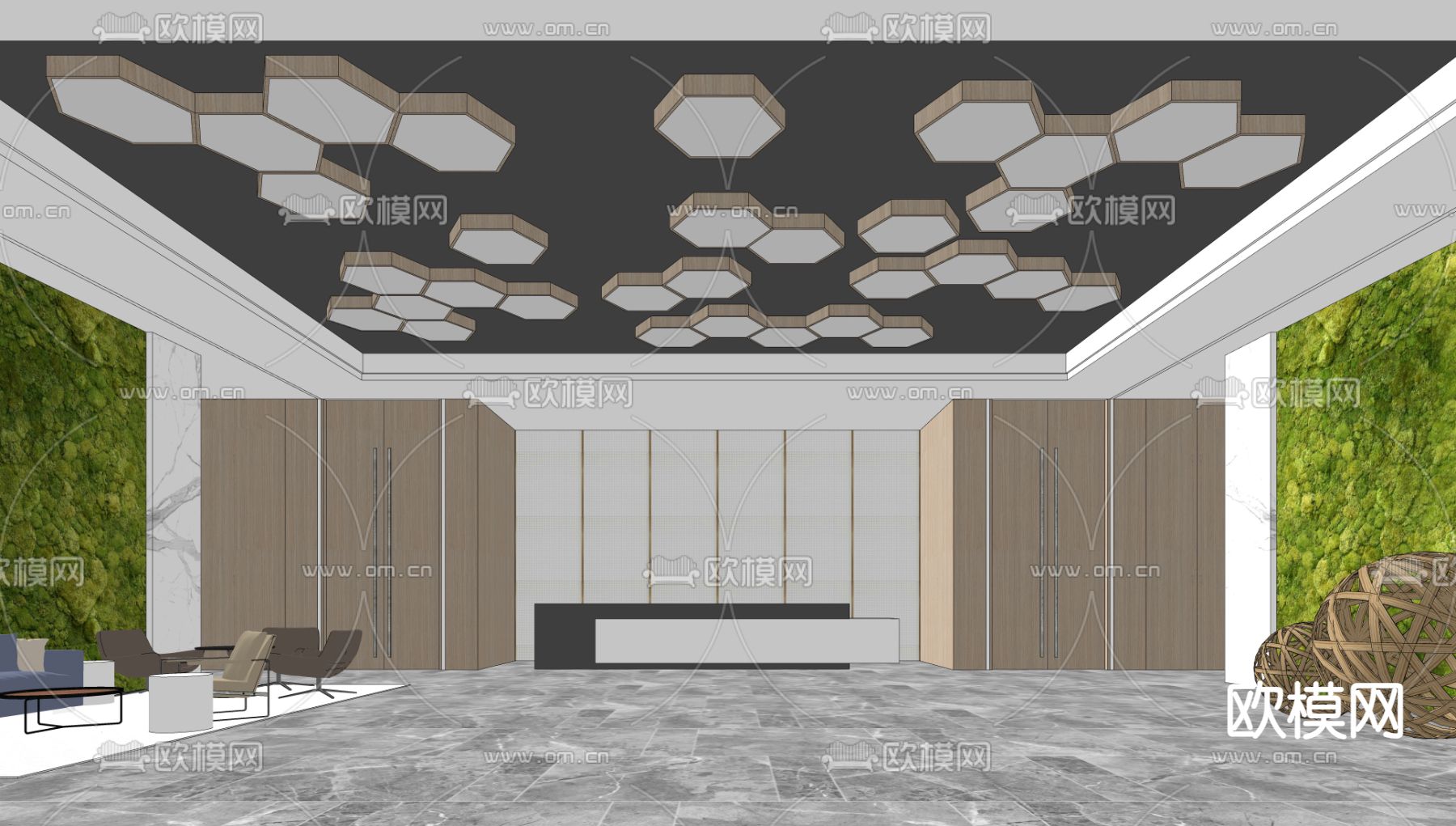 现代办公大堂 前台大厅su模型下载