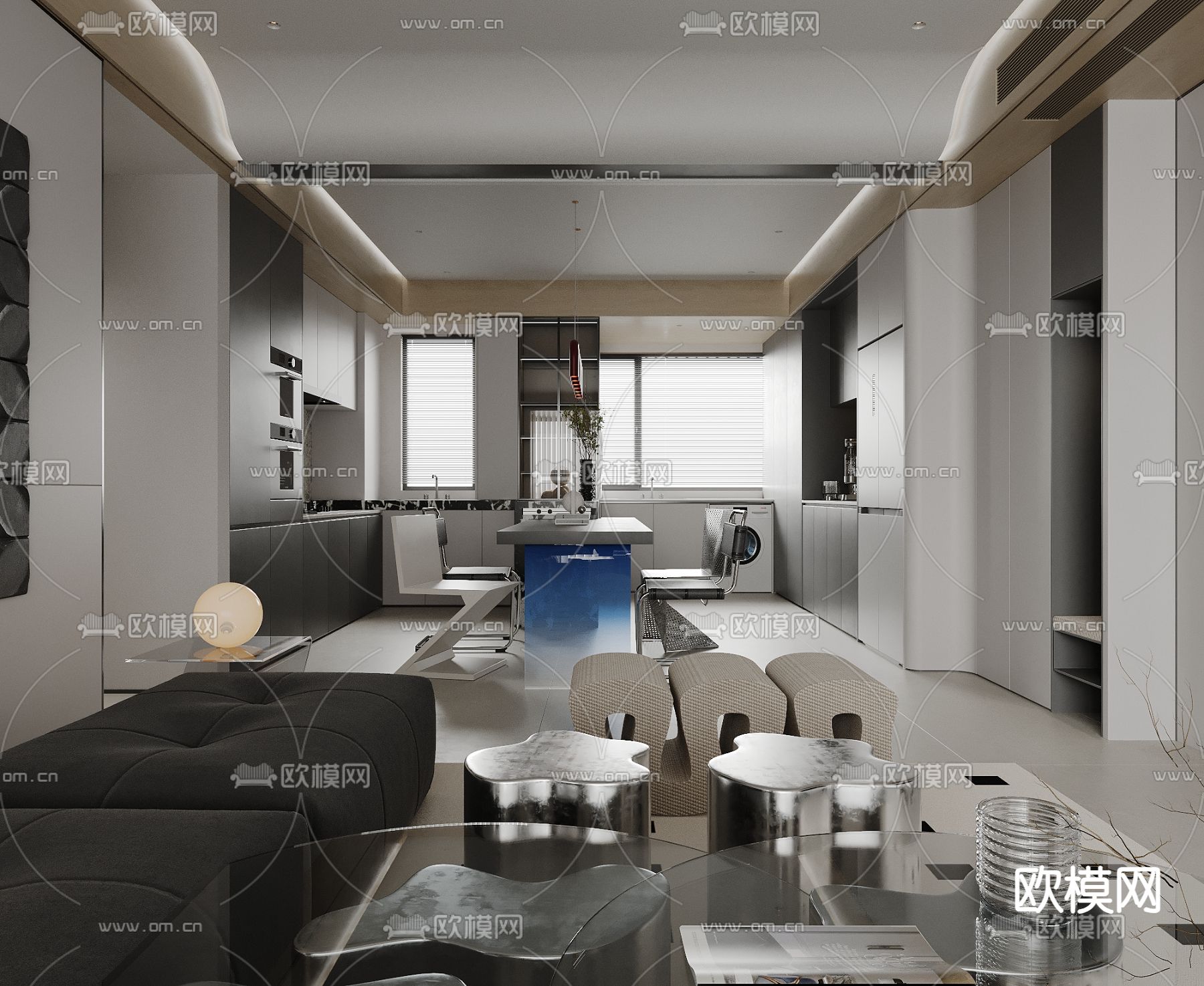 高级灰客餐厅su模型下载（渲染图1）