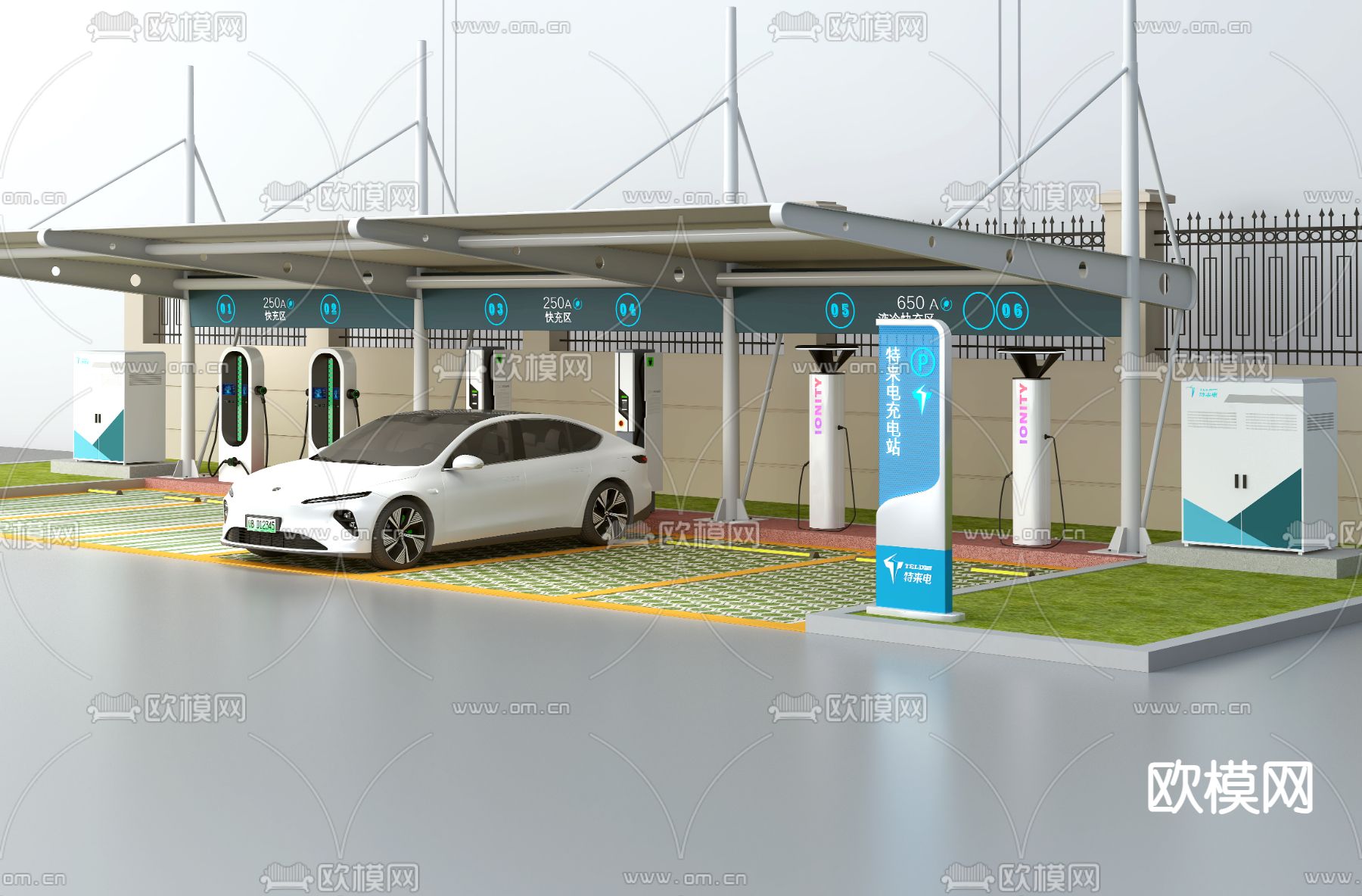 充电站 车棚拉膜 充电桩 停车位3d模型下载（渲染图4）