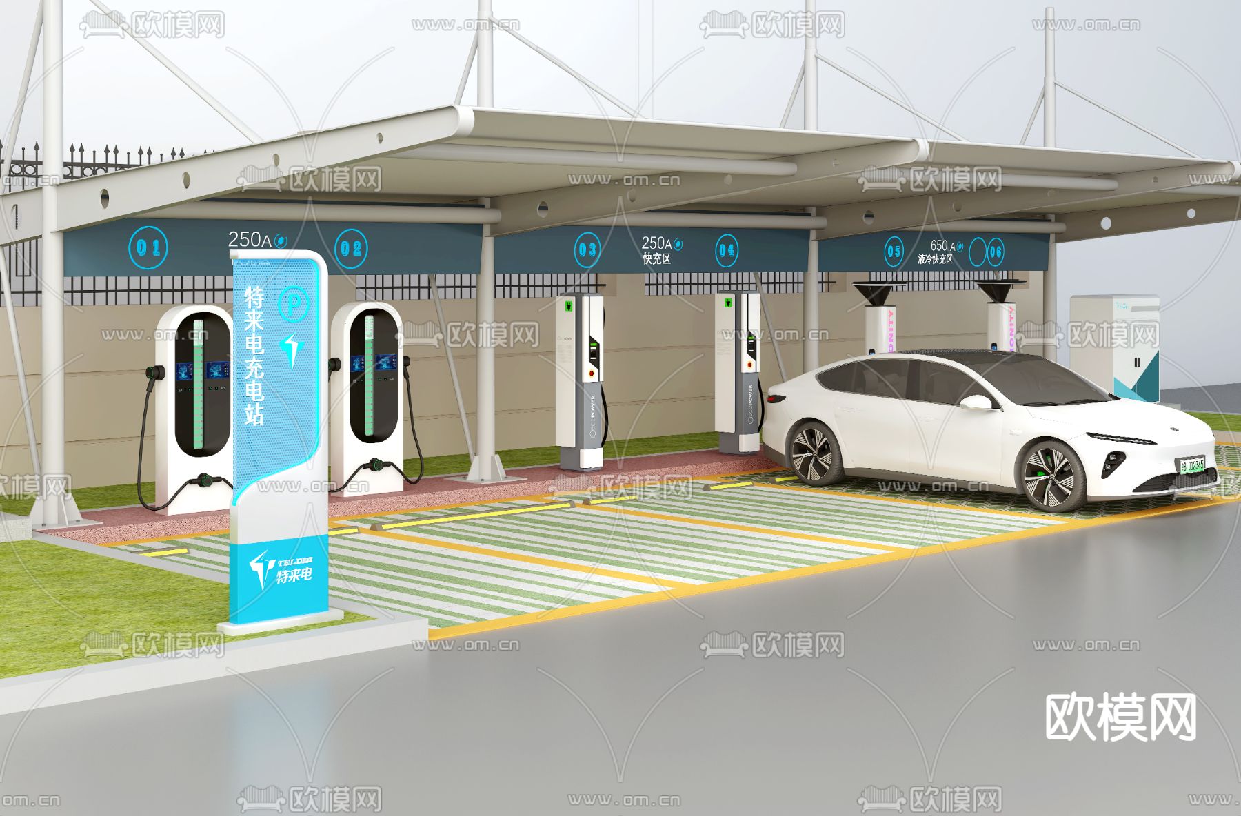 充电站 车棚拉膜 充电桩 停车位3d模型下载（渲染图3）