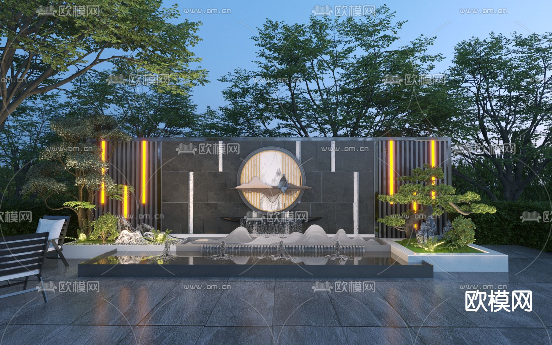 新中式叠水景墙 流水景墙 景观围墙3d模型下载