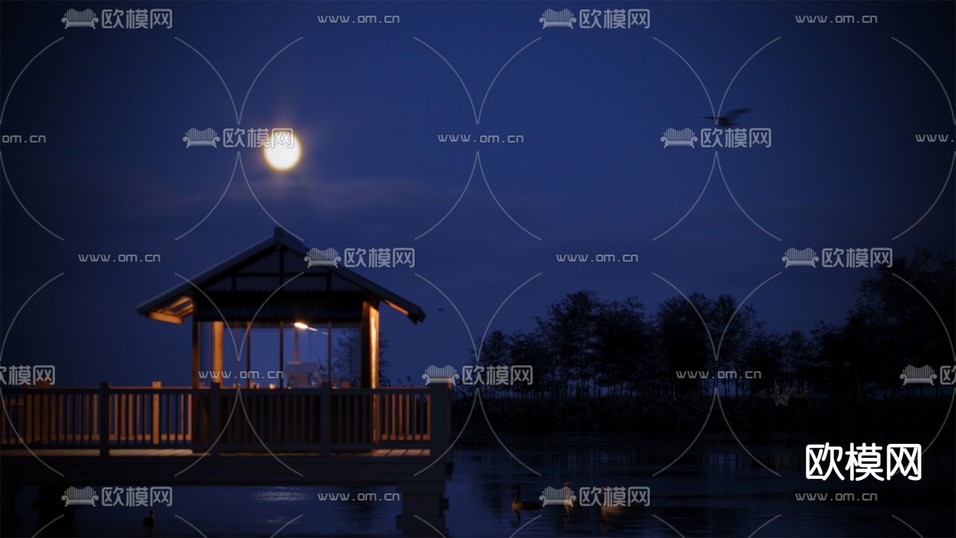 中式公园亭子 休息亭夜景3d模型下载(渲染图5)