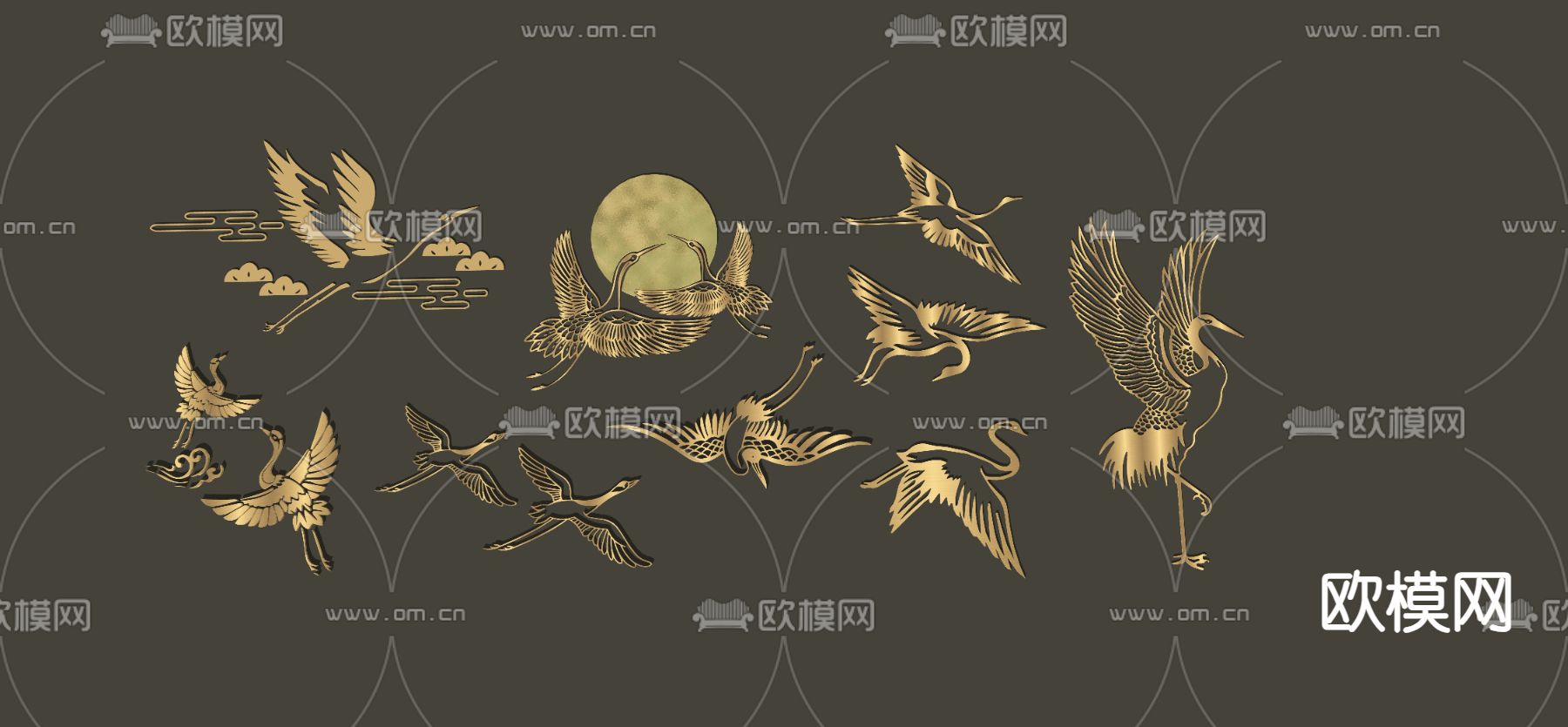 新中式仙鹤 雕花剪影 墙饰挂件su模型下载